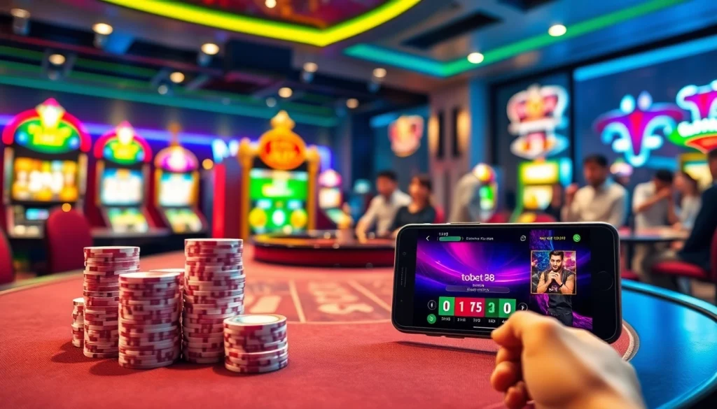 Tobet88 online gambling platform showcasing a vibrant casino scene with poker chips and roulette wheel.