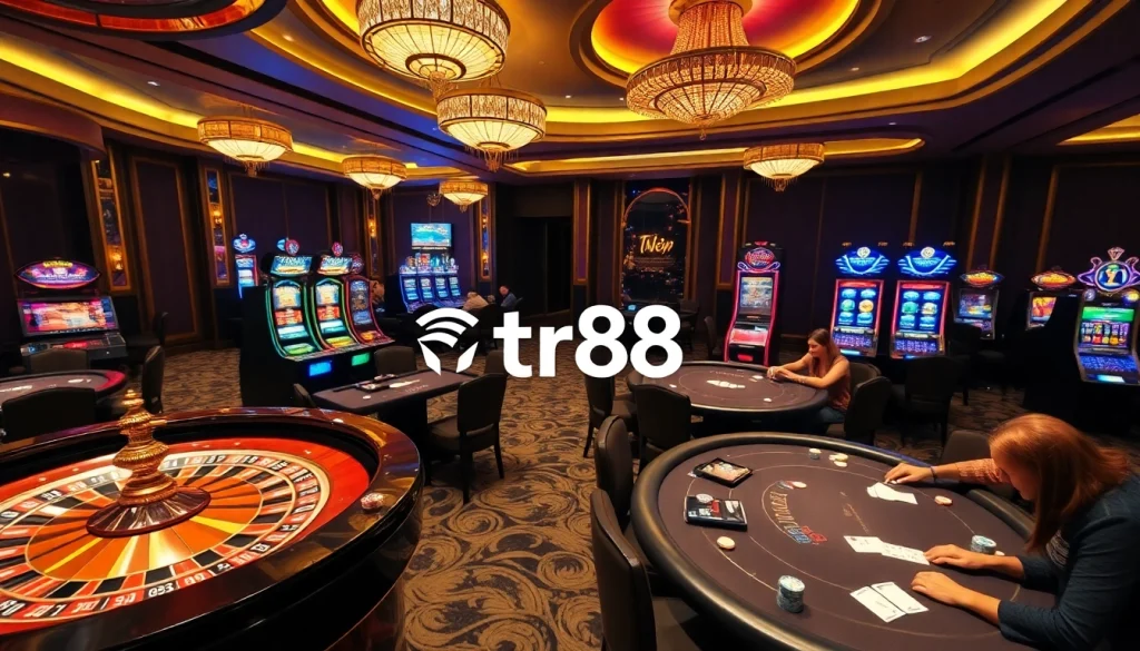 players enjoying tr88 games at luxurious casino tables with roulette wheels and slot machines