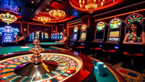 WN678 inspired casino scene showcasing poker chips and a bustling roulette table.