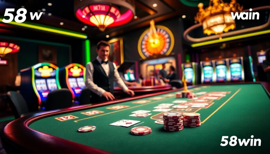 Experience high-stakes gameplay at 58win with a vibrant casino scene featuring poker and roulette.