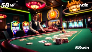 Experience high-stakes gameplay at 58win with a vibrant casino scene featuring poker and roulette.