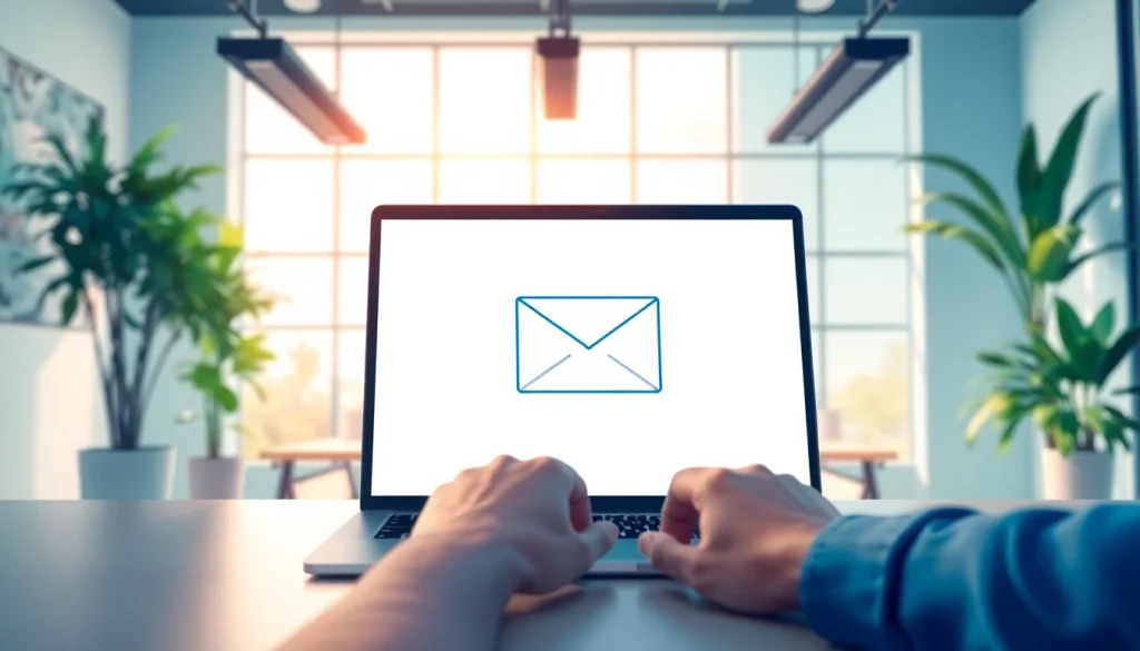 Utilize temp mail temporary email service on a laptop in a bright office environment.