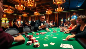 B52 players experiencing an exciting poker game at a vibrant, upscale casino.