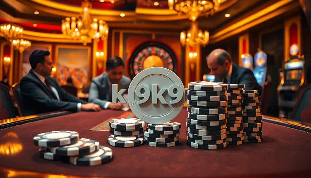 K9k9 captures a thrilling poker game scene in a luxurious casino ambiance.