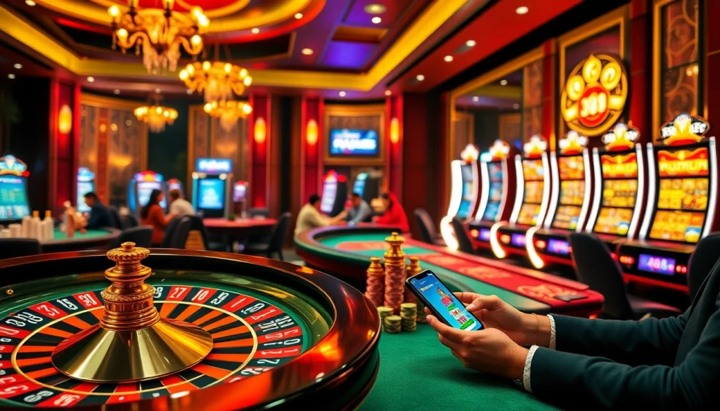 RR88 players enjoying a luxurious casino experience with roulette, slots, and poker.