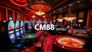 Players engaging with CM88 online gambling interface at a vibrant casino.