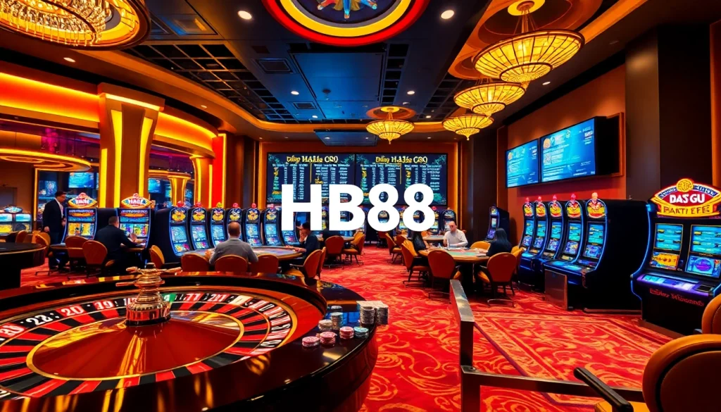 Experience thrilling gaming with HB88 at a vibrant casino featuring roulette and poker tables.