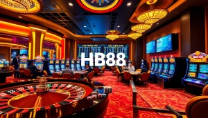 Experience thrilling gaming with HB88 at a vibrant casino featuring roulette and poker tables.