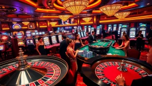 Excited gamblers playing at 88i's luxurious casino tables with vibrant slot machines.
