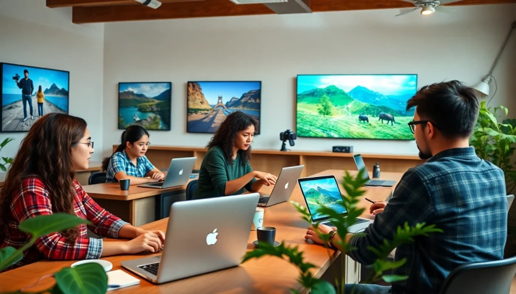 Vibrant scene of students in online photography courses engaging with their instructors in a classroom environment.