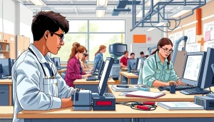 Trade School Tennessee students actively learning and practicing skills in a modern classroom setting.