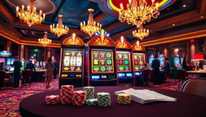 Memainkan slot pulsa di mesin slot kasino yang penuh warna, dikelilingi chip poker berwarna.