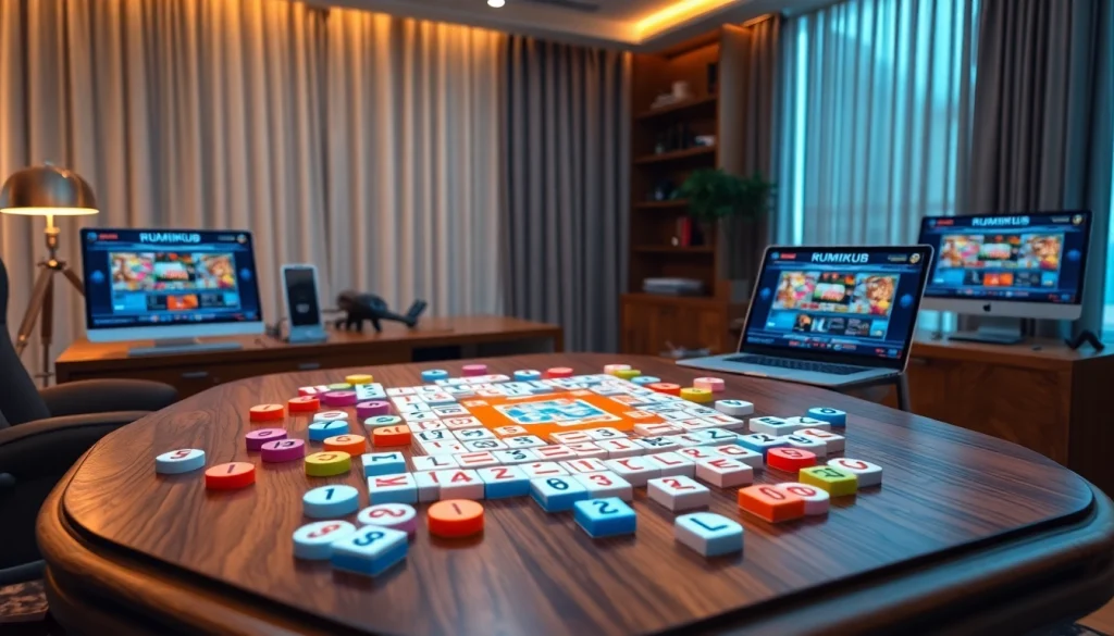 Engage in רמיקוב אונליין with a luxurious digital setup showcasing vibrant tiles and sophisticated technology.