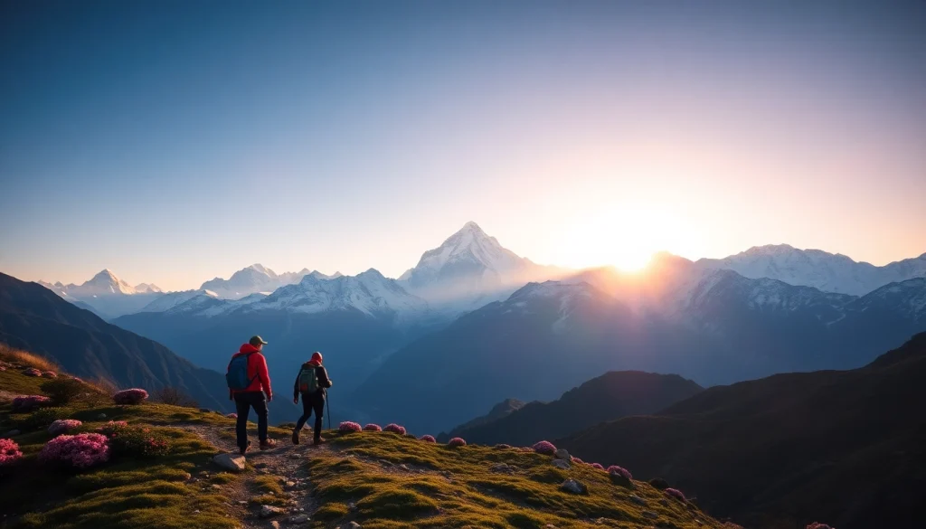 Everest Base Camp Trek with Helicopter Return showcasing trekkers against the stunning Himalayan backdrop.