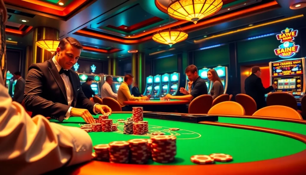 Players enjoying a thrilling poker game at a casino table featuring nh88 chips and cards.