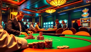 Players enjoying a thrilling poker game at a casino table featuring nh88 chips and cards.