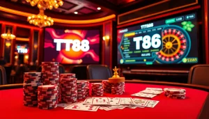 Experience high-stakes gambling with TT88 at a vibrant poker table showcasing luxury and excitement.