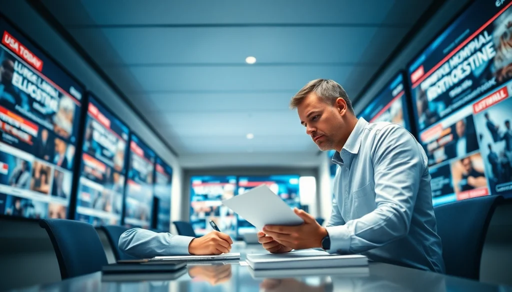 Analyze Usa Today headlines in a bright office with a dedicated journalist.