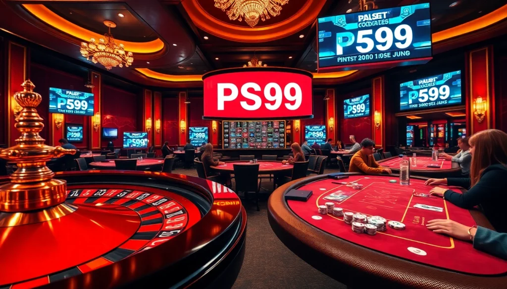 Experience thrilling gameplay with PS99 in an upscale casino featuring vibrant roulette wheels and engaged players.