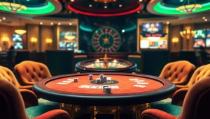 Experience the thrill of j88 poker with lavish chips and cards at an elegant casino table.