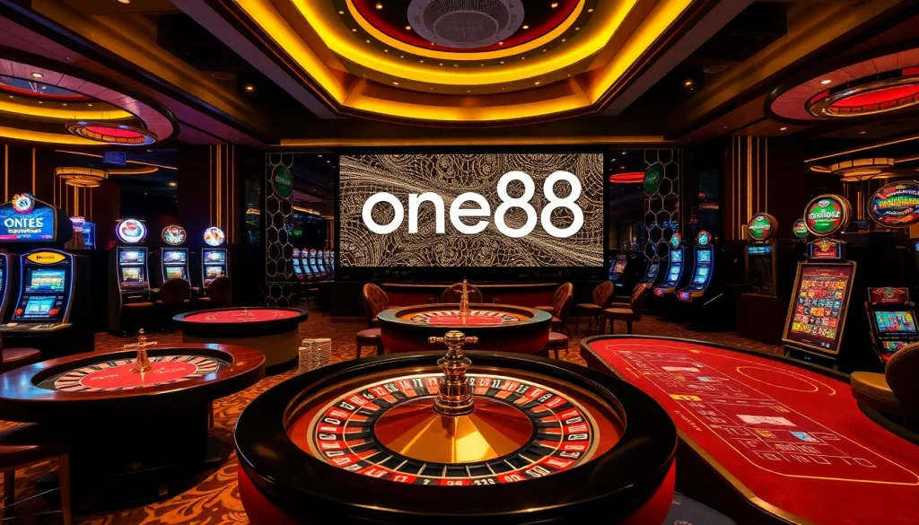 one88 gaming scene with poker tables, roulette wheel, and vibrant slot machines.