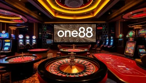 one88 gaming scene with poker tables, roulette wheel, and vibrant slot machines.