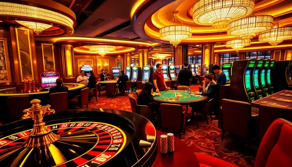 Experience the excitement of CM88 at an elegant casino with buzzing slot machines and poker tables.