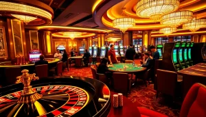 Experience the excitement of CM88 at an elegant casino with buzzing slot machines and poker tables.