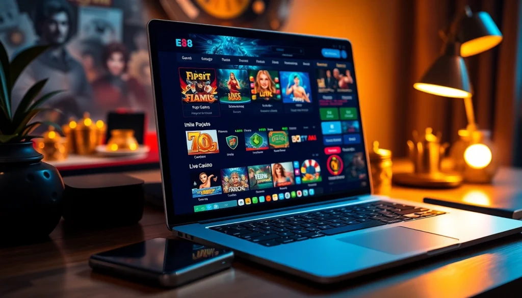 E88 online gaming interface showcasing sports betting and casino options amidst a vibrant and modern setup.