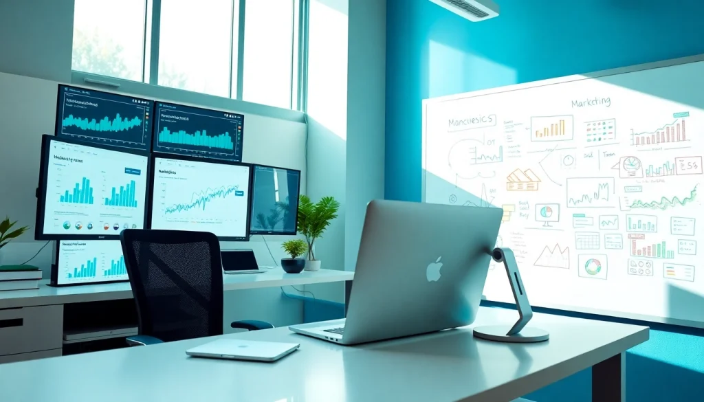 A digital marketing professional analyzing data and strategies in a modern office setting.