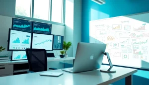 A digital marketing professional analyzing data and strategies in a modern office setting.