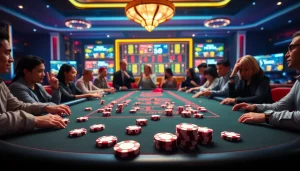 Players engaging in a Tài Xỉu MD5 game at a vibrant casino table, showcasing excitement.