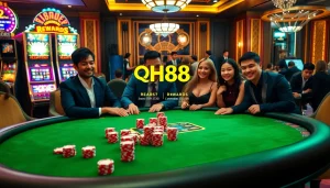 Engaged players at a luxurious casino table showcasing QH88 poker chips and vibrant slot machines.