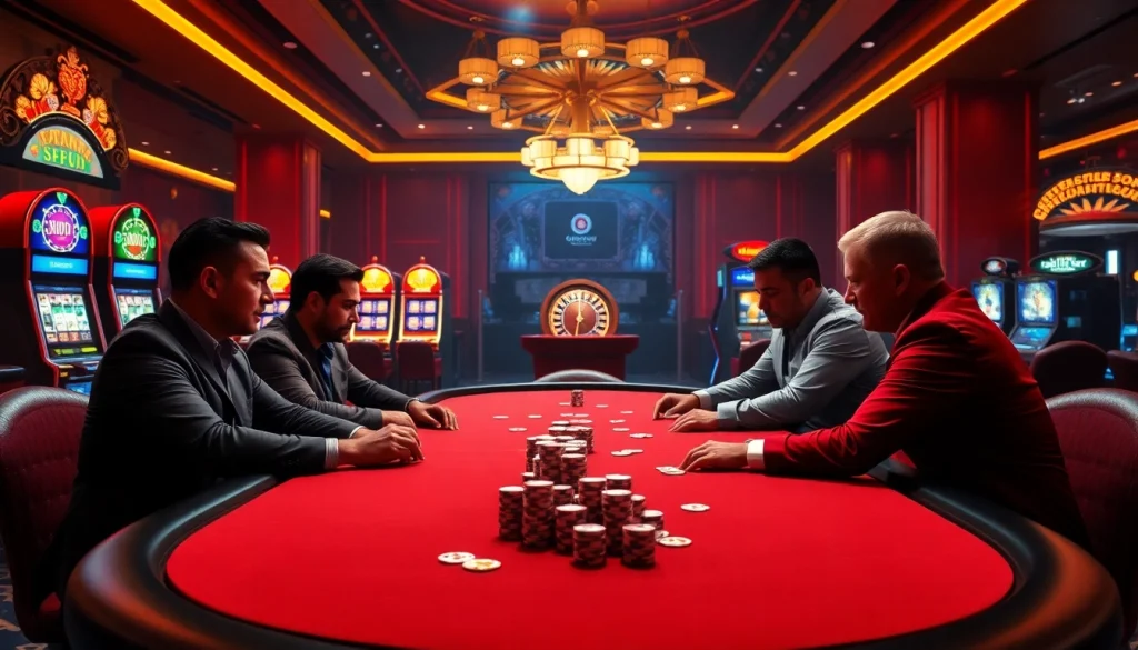 Intense poker game atmosphere highlighting onicplay with vibrant casino elements.