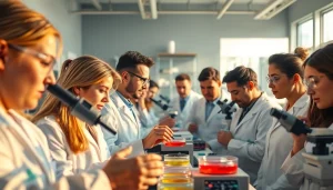 Scienziati al laboratorio con attrezzature per fecondazione in vitro in un ambiente moderno e luminoso.