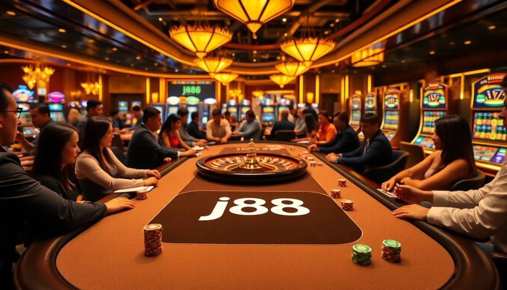 Engaging j88 poker table scene in a vibrant casino, capturing excitement and strategy.