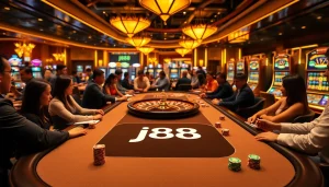 Engaging j88 poker table scene in a vibrant casino, capturing excitement and strategy.
