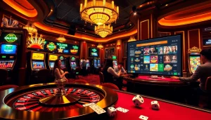 A thrilling casino experience at http://8kbet.ink/ with a roulette wheel, slot machines, and engaging players.