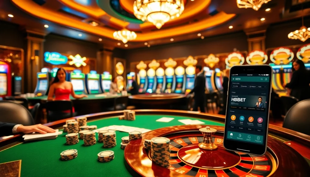 Experience HBBET excitement at a luxe casino with poker chips, roulette, and slot machines.