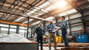 Engineers engaged in structural steel fabrication at a vibrant workshop.