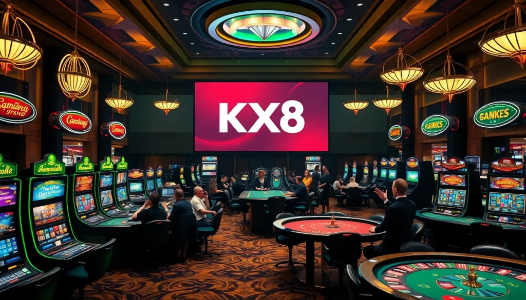 The KX8 app logo shines brightly in a vibrant casino scene with tables, slot machines, and excited players.