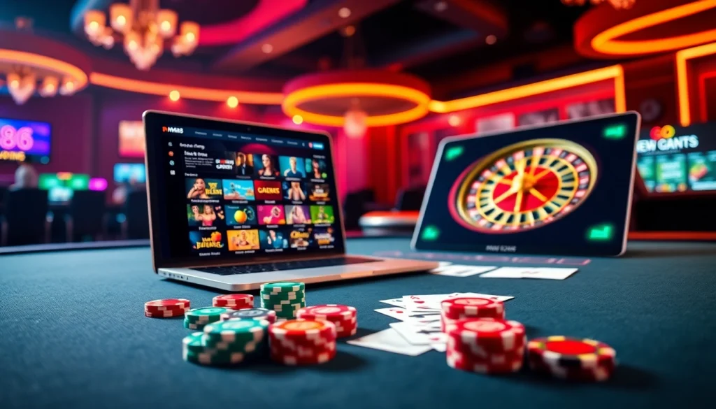 MM88 online gambling scene featuring poker chips and a roulette wheel.