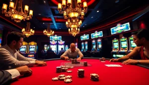 Experience the thrill of King88 with players at a luxury poker table in an upscale casino setting.