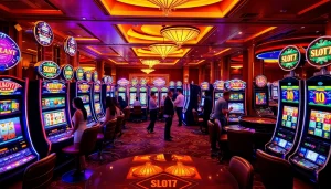 Experience thrilling gameplay at Slot777 with vibrant machines and excited players celebrating wins.