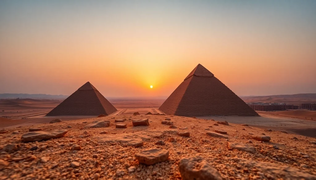 Discover the majestic piraminds of Giza standing under a twilight sky.