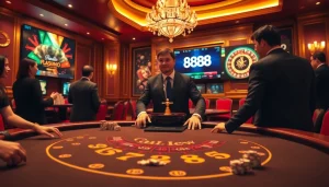 A professional blackjack table scene at 888new, showcasing excitement and luxury in casino gaming.