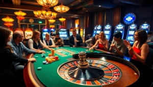Experience the thrill of OKFUN gaming at an exciting casino table with poker chips and a roulette wheel.