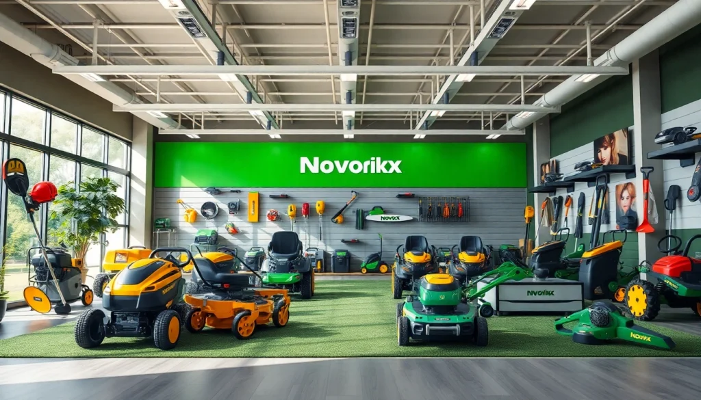 Explore innovative NovorikX outdoor power equipment in a modern showroom.
