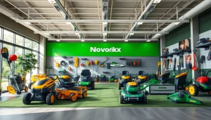 Explore innovative NovorikX outdoor power equipment in a modern showroom.
