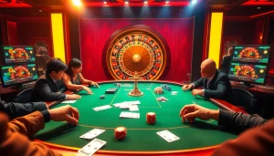 TV88 poker scene with players engaged around a luxurious table in a vibrant casino atmosphere.
